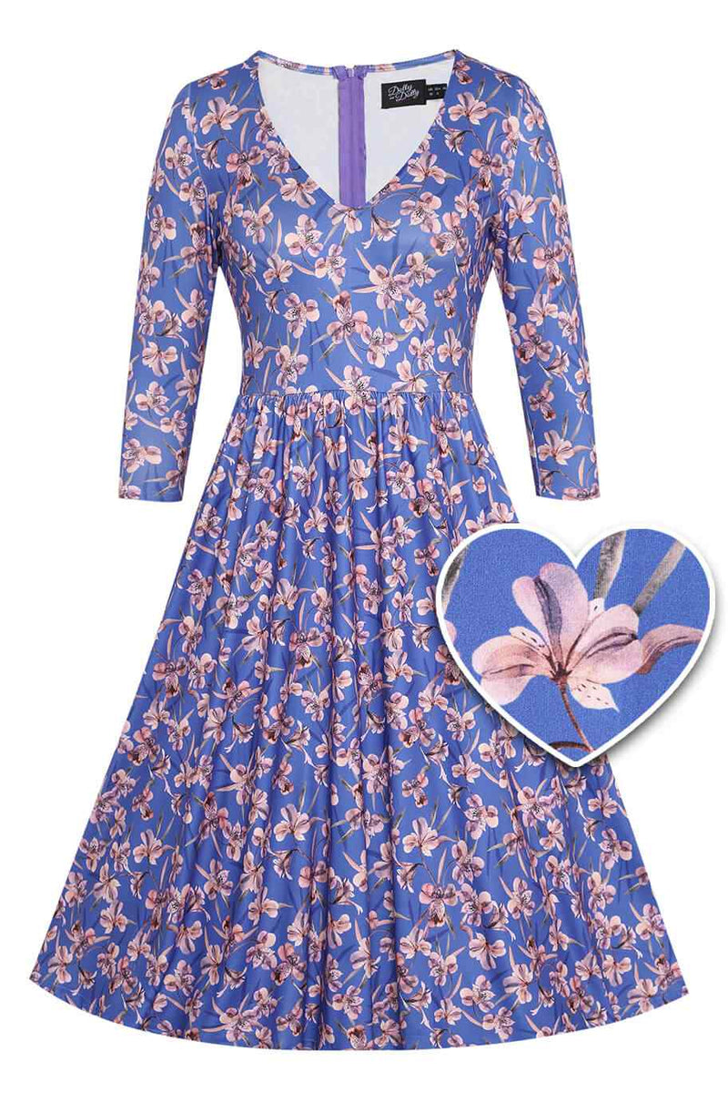 Front view of Orchid Floral Print Long Sleeved Dress in Blue