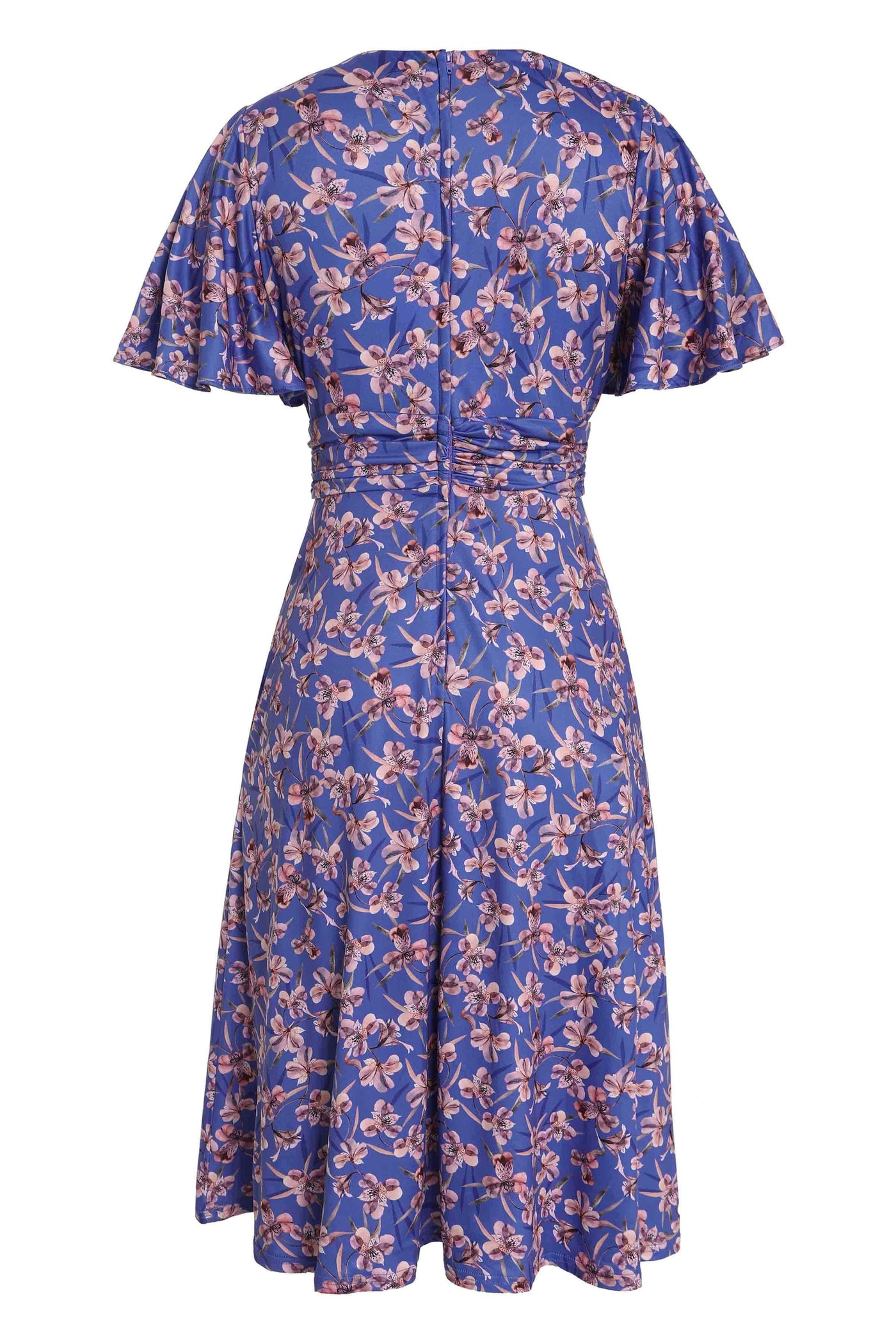 Back view of Orchid Print Tea Dress in Blue