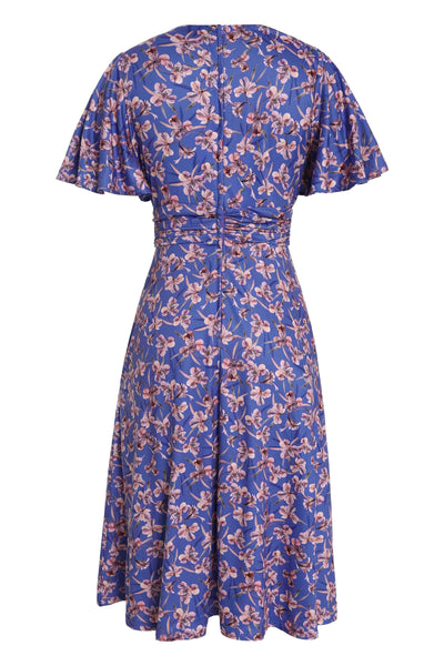 Back view of Orchid Print Tea Dress in Blue