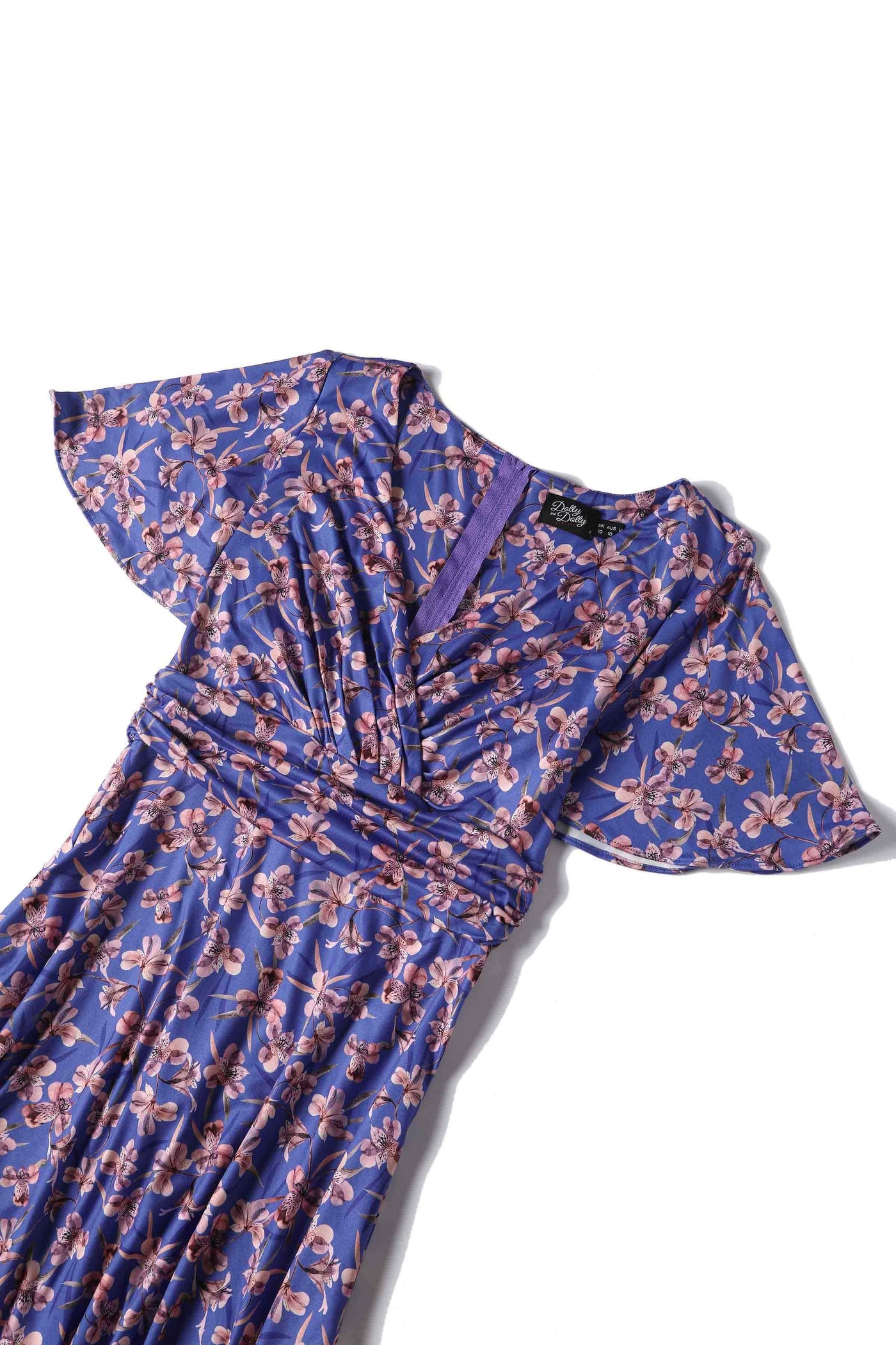 Close up view of Orchid Print Tea Dress in Blue