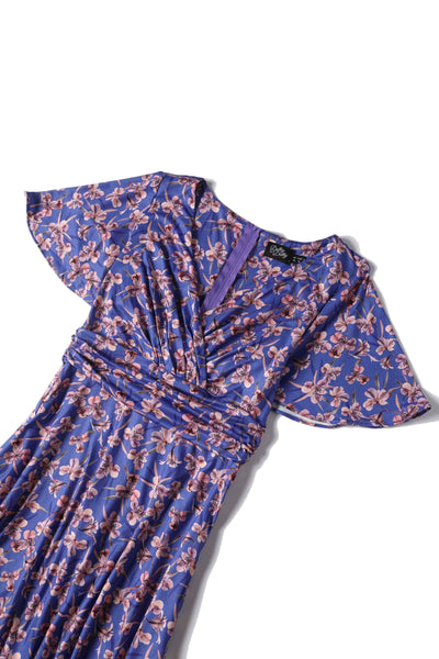 Close up view of Orchid Print Tea Dress in Blue