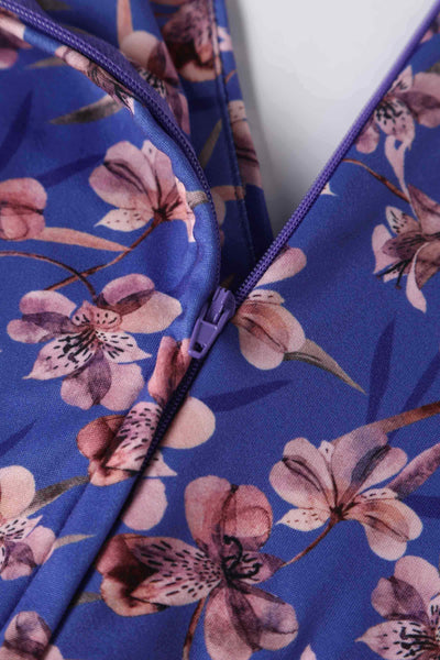 Close up view of Orchid Print Tea Dress in Blue