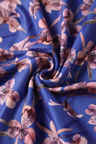 Close up view of Orchid Print Tea Dress in Blue