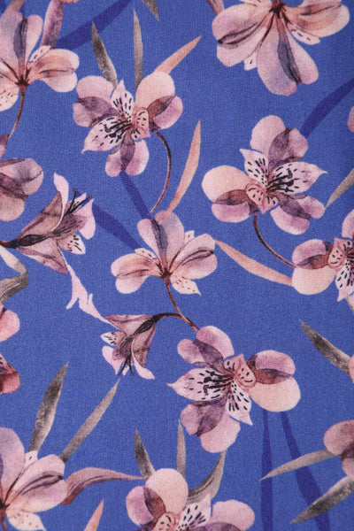 Close up view of Orchid Print Tea Dress in Blue