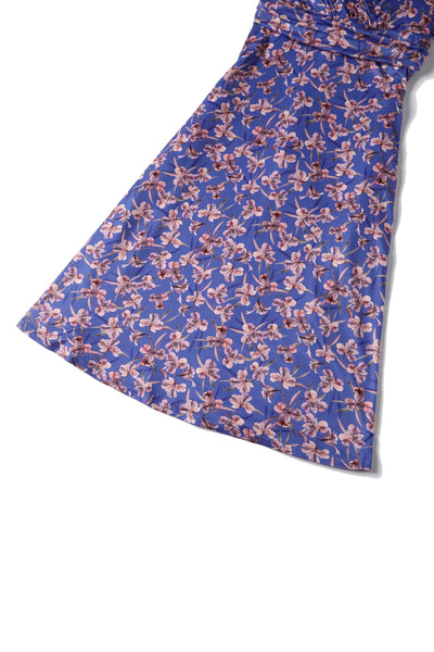 Close up view of Orchid Print Tea Dress in Blue