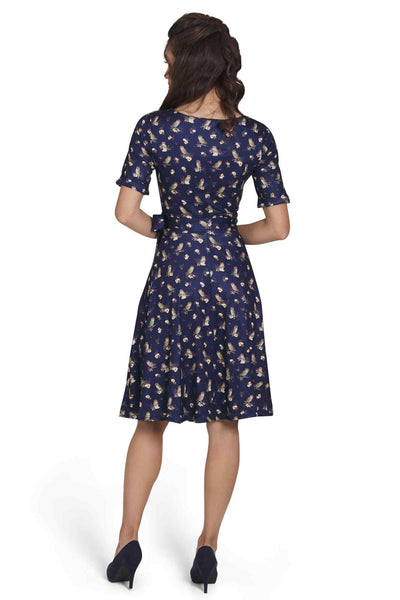 Model photo of Oxford Blue Owl Wrap Dress