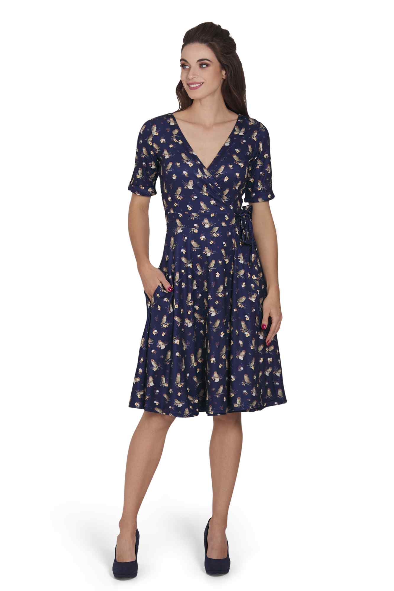 Model photo of Oxford Blue Owl Wrap Dress