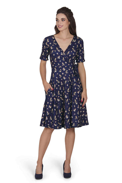 Model photo of Oxford Blue Owl Wrap Dress