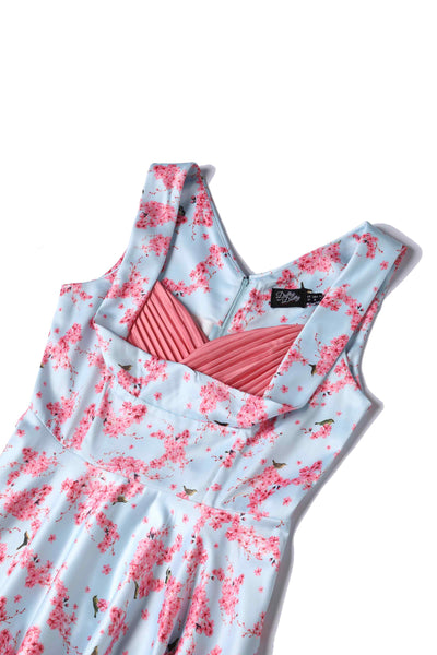 Close up view of Pastel Cherry Blossom Pleated Bust Dress