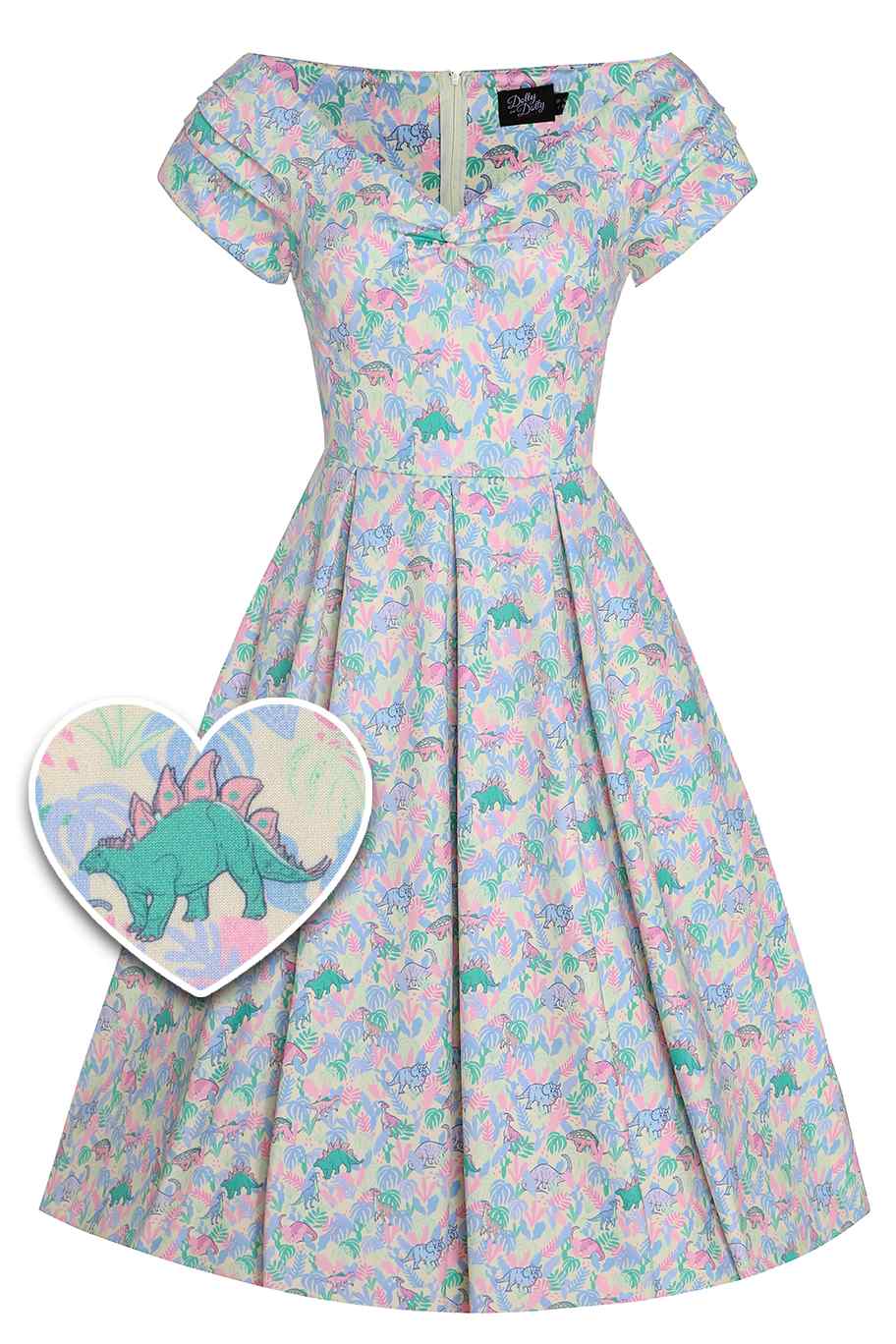 Front view of Pastel Dinosaur Off Shoulder Dress