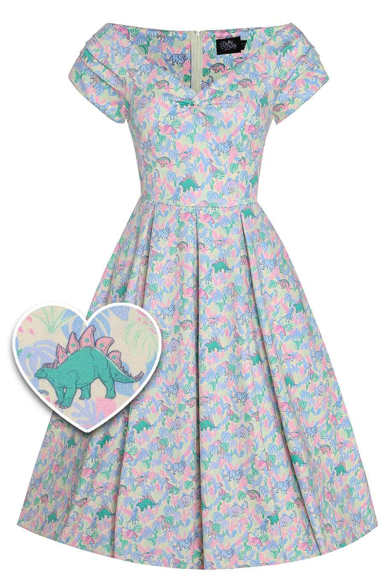 Front view of Pastel Dinosaur Off Shoulder Dress