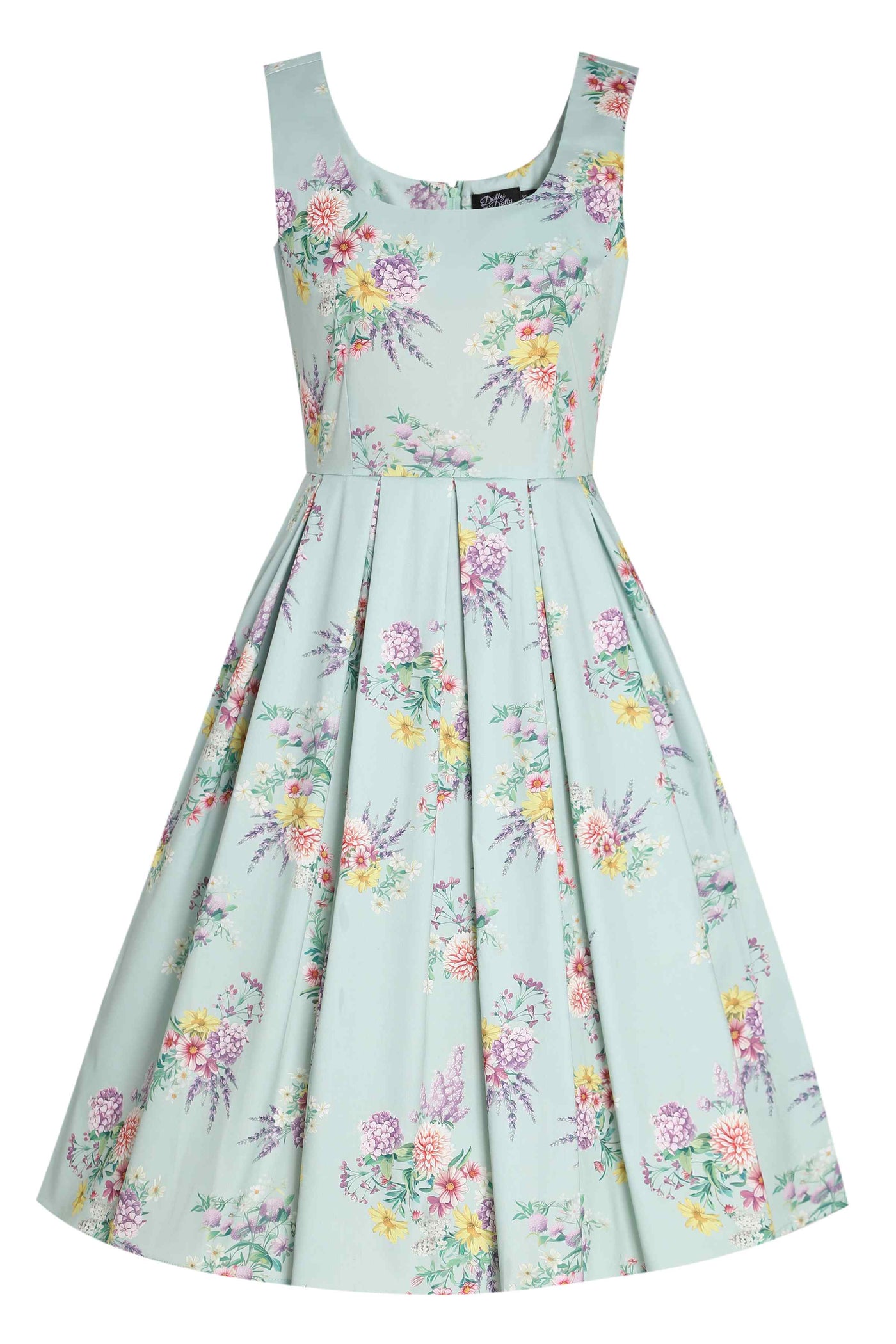 Front view of Pastel Floral Swing Dress In Baby Blue
