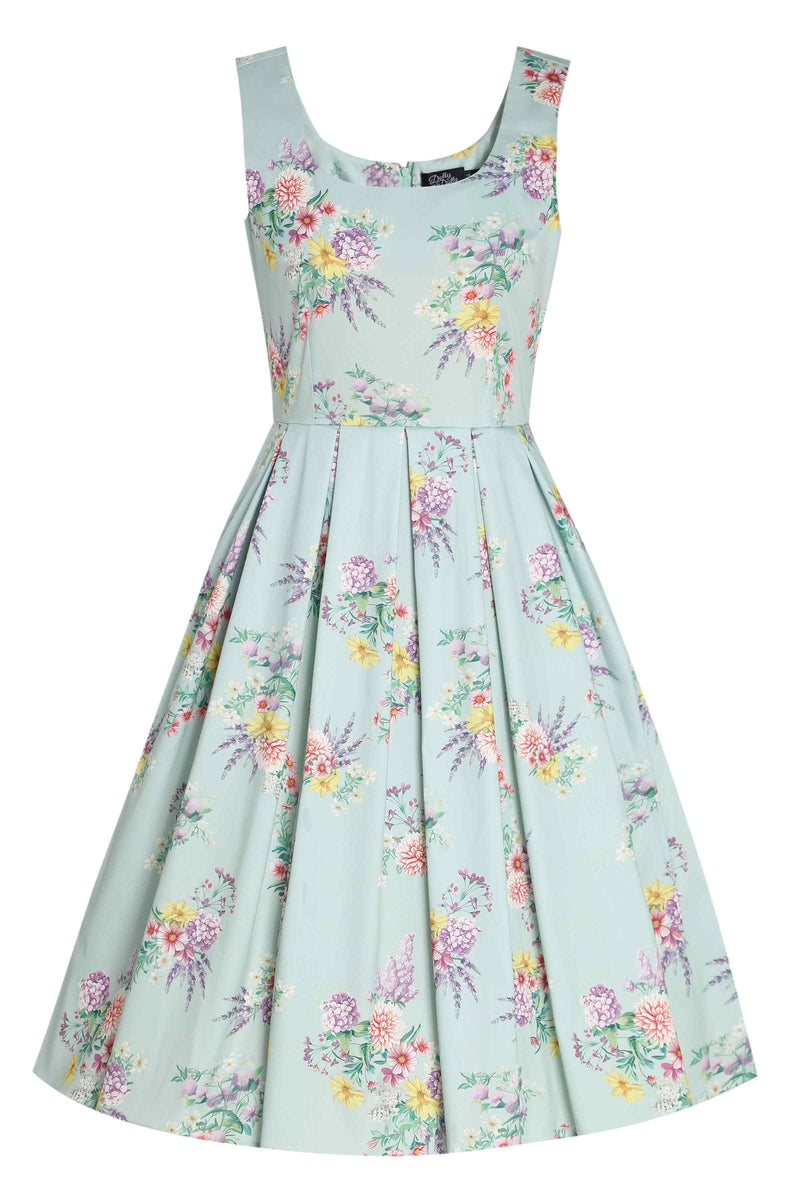 Front view of Pastel Floral Swing Dress In Baby Blue