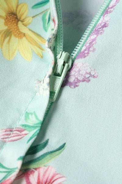 Close up view of Pastel Floral Swing Dress In Baby Blue