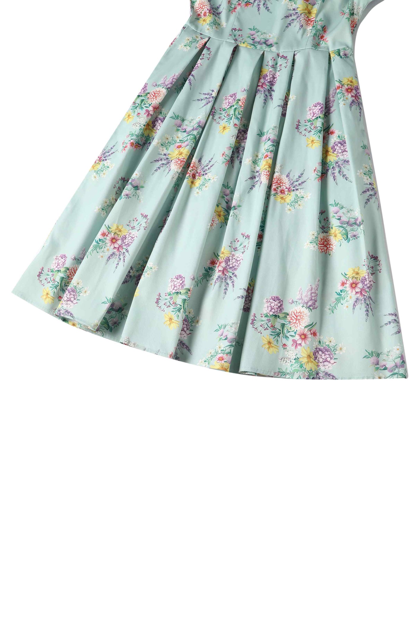 Close up view of Pastel Floral Swing Dress In Baby Blue