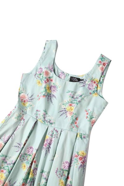Close up view of Pastel Floral Swing Dress In Baby Blue