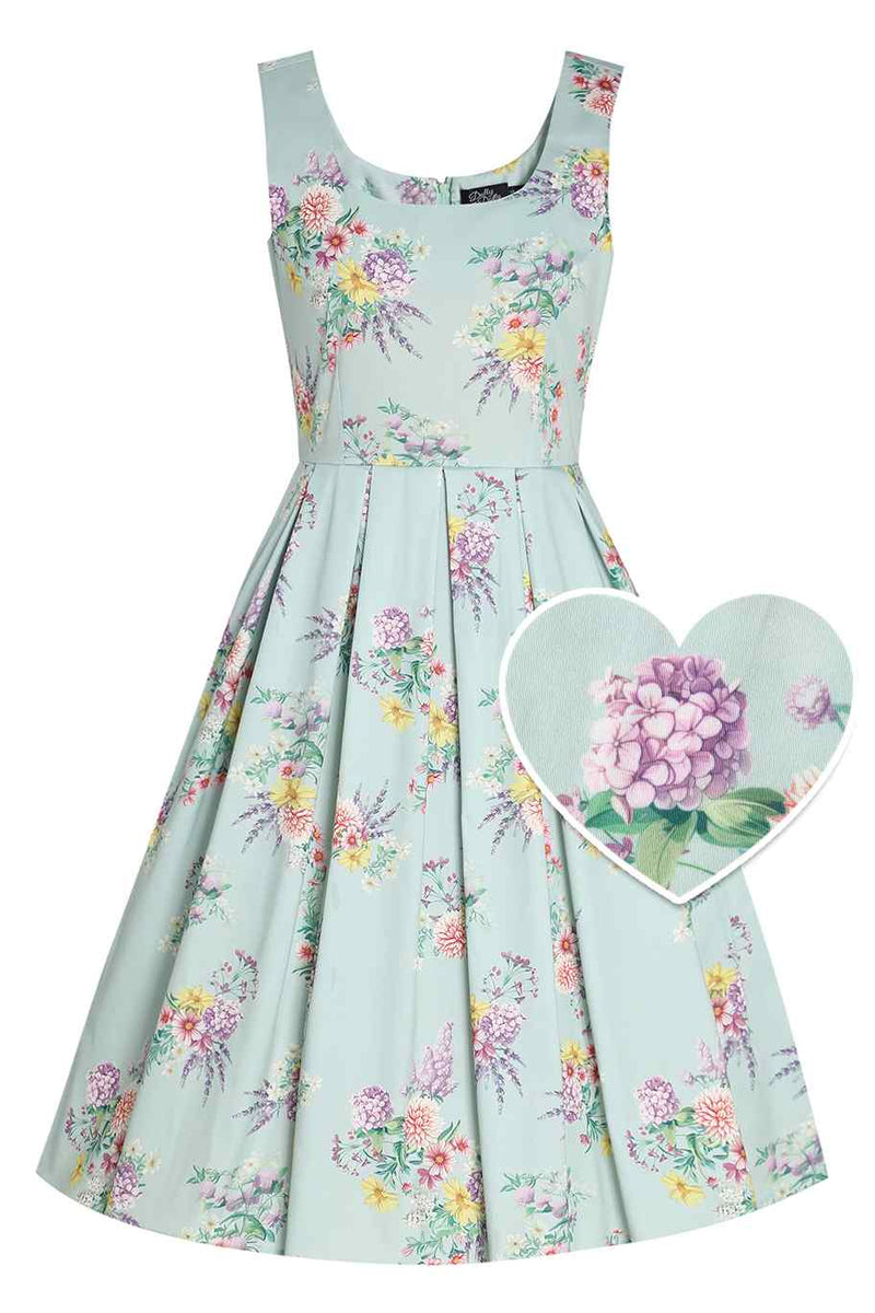 Front view of Pastel Floral Swing Dress In Baby Blue