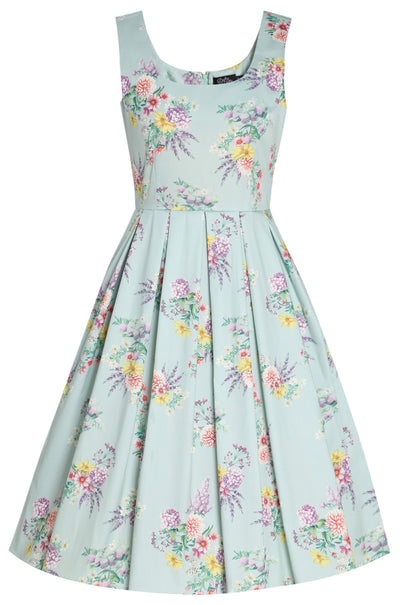 Front view of Amanda Pastel Floral Swing Dress In Light Green