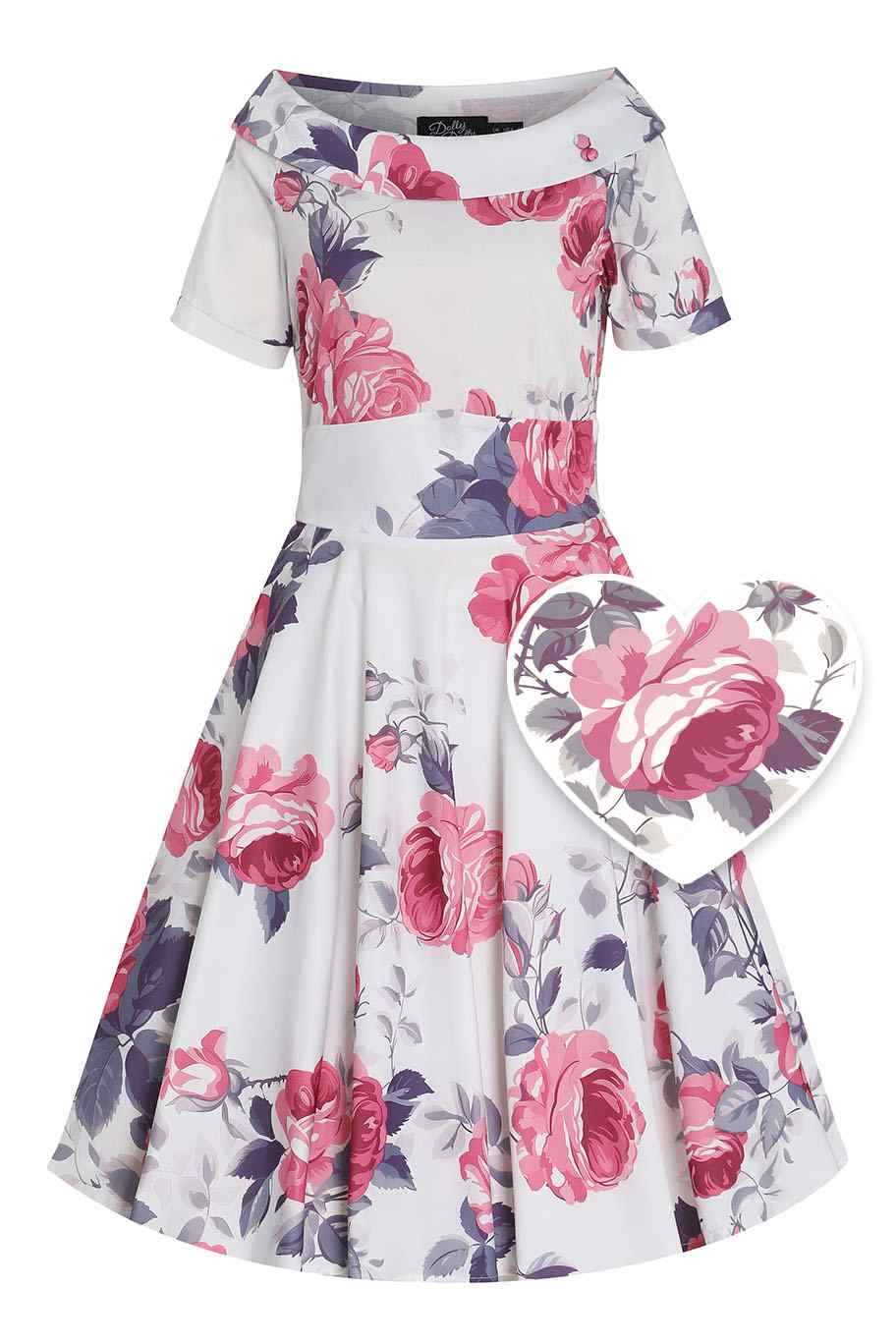 Front view of Pastel Roses Flared Dress In White