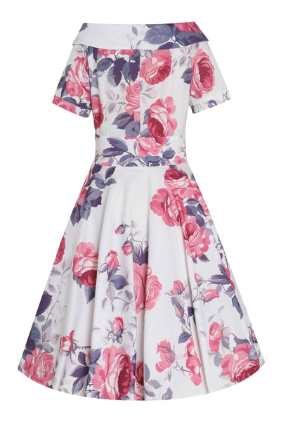 Back view of Pastel Roses Flared Dress In White