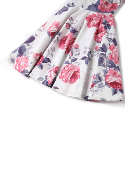 Close up view of Pastel Roses Flared Dress In White