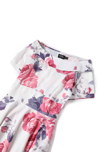 Close up view of Pastel Roses Flared Dress In White