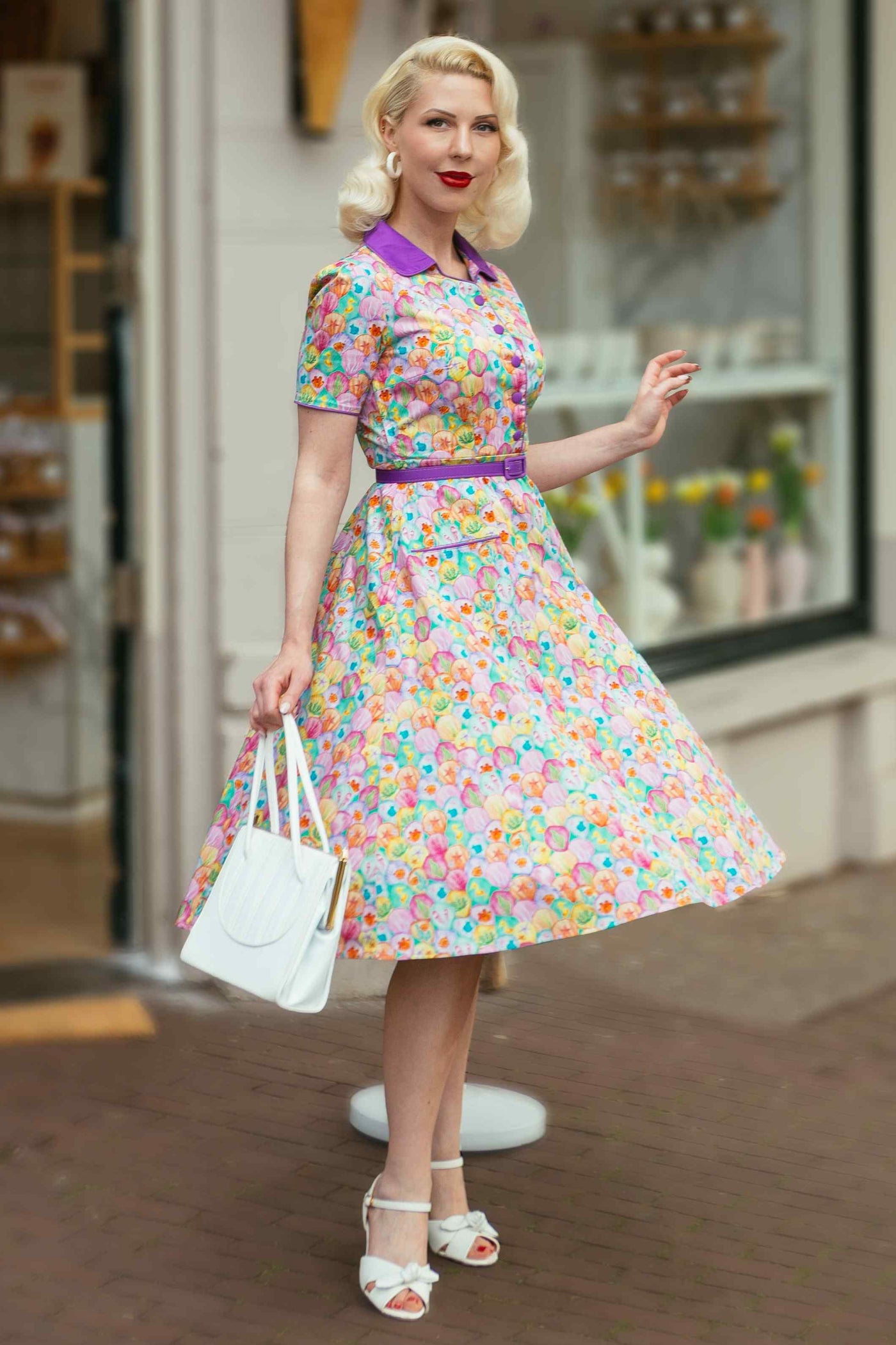 A lovely model wearing a Mabel Pastel Seashell Midi Shirt Dress