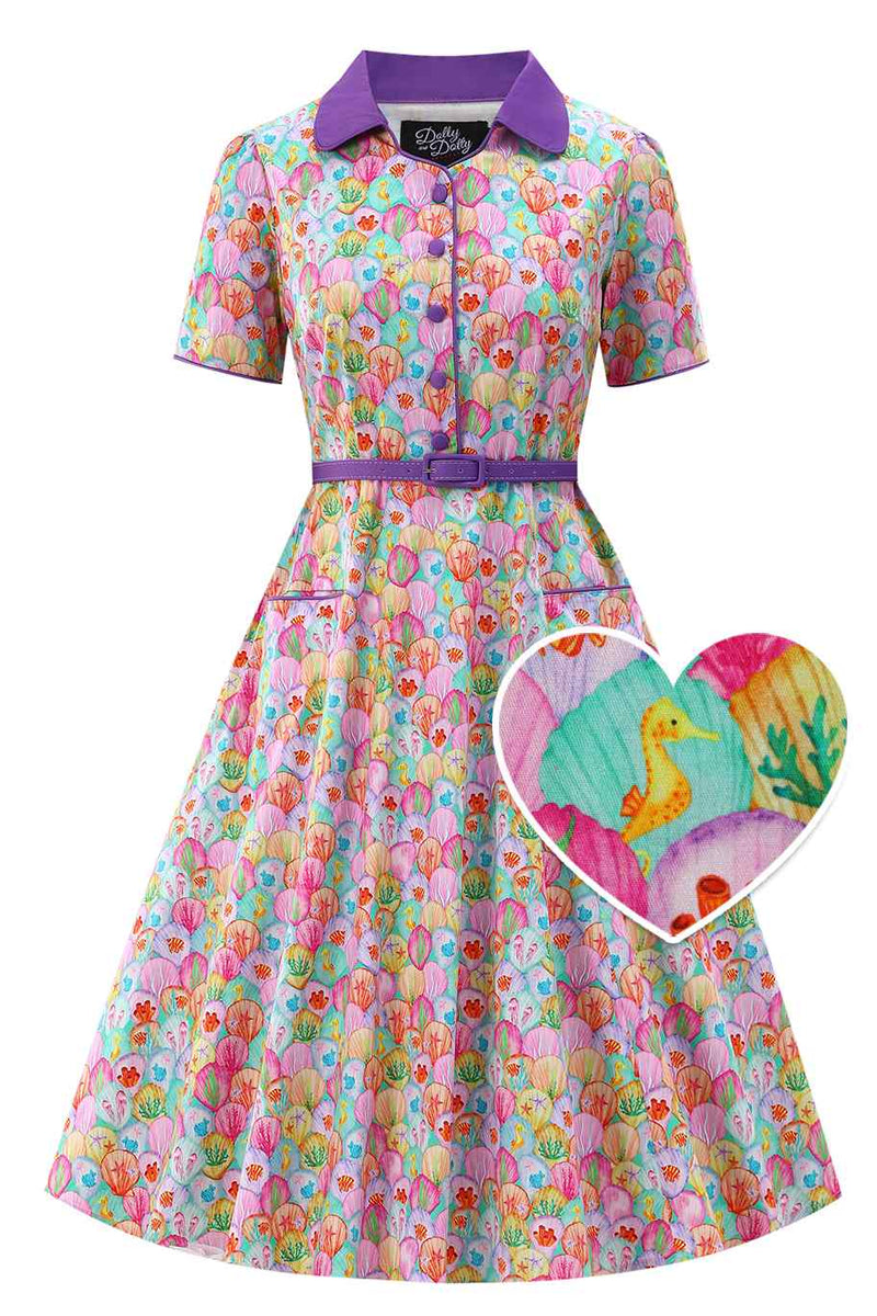 Front view of Pastel Seashell Midi Shirt Dress