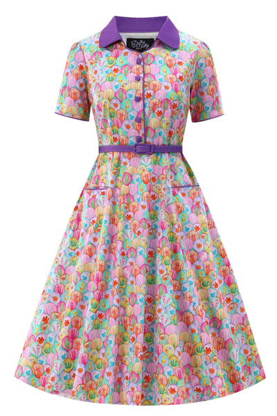 Front view of a Mabel Pastel Seashell Midi Shirt Dress