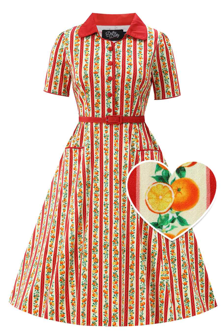 Front view of Summer Orange Midi Shirt Dress