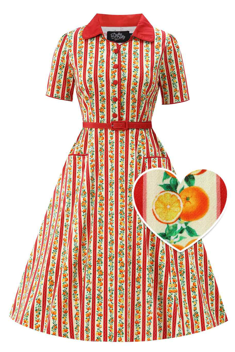 Front view of Summer Orange Midi Shirt Dress