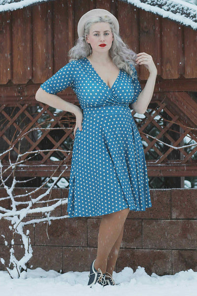 Peacock Blue & Cream Polka Dot Wrap Dress