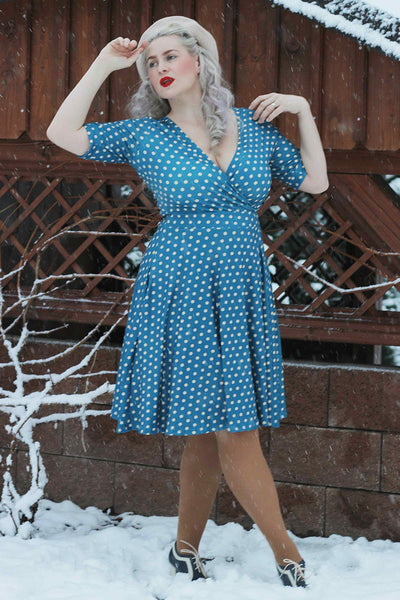 Peacock Blue & Cream Polka Dot Wrap Dress