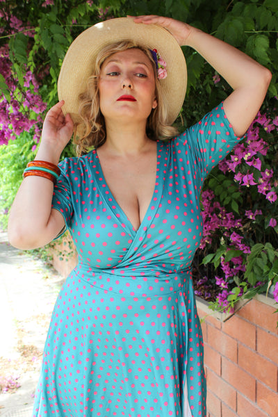 Peacock Blue & Pink Polka Dot Wrap Dress