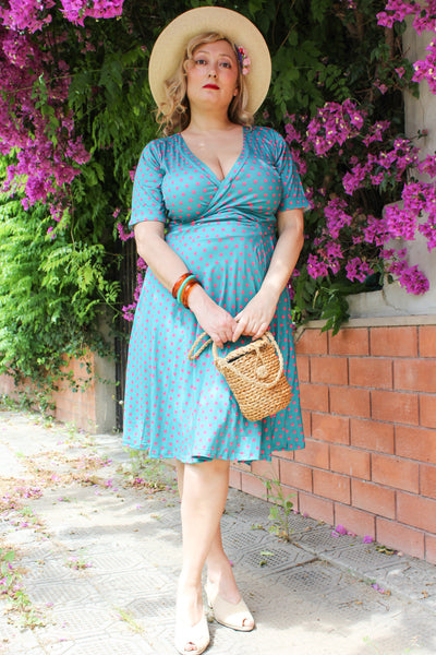 Peacock Blue & Pink Polka Dot Wrap Dress