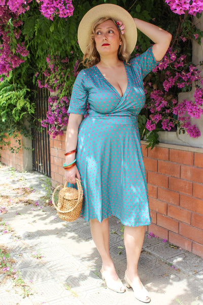Peacock Blue & Pink Polka Dot Wrap Dress