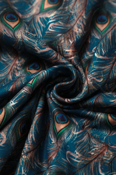 Close up View of Peacock Feather Crossover Bust Dress