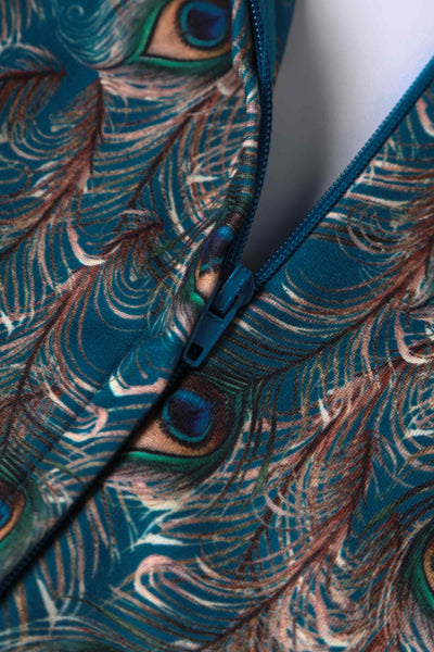 Close up View of Peacock Feather Crossover Bust Dress