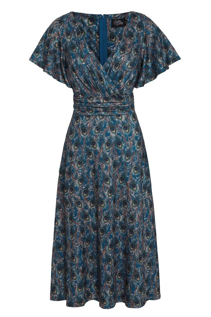 Front view of Peacock Feather Crossover Bust Dress