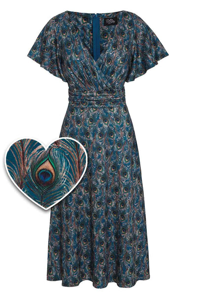 Front view of Donna Peacock Feather Crossover Bust Dress