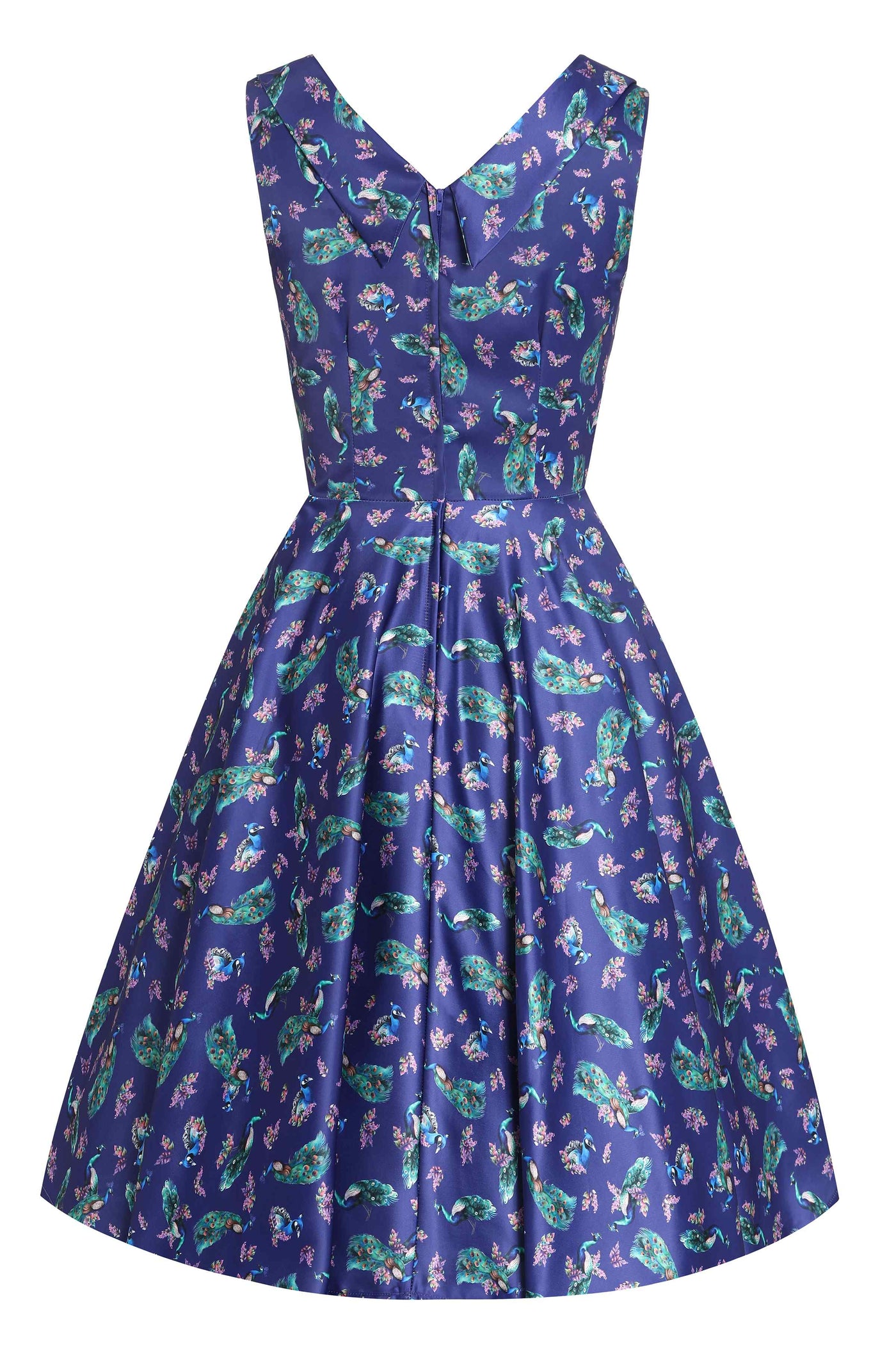 Back view of Peacock Print Pleated Bust Dress in Purple