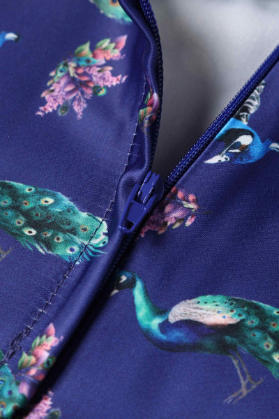 Close up view of Peacock Print Pleated Bust Dress in Purple