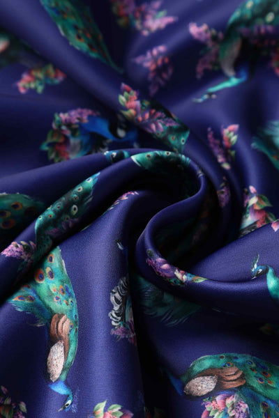 Close up view of Peacock Print Pleated Bust Dress in Purple