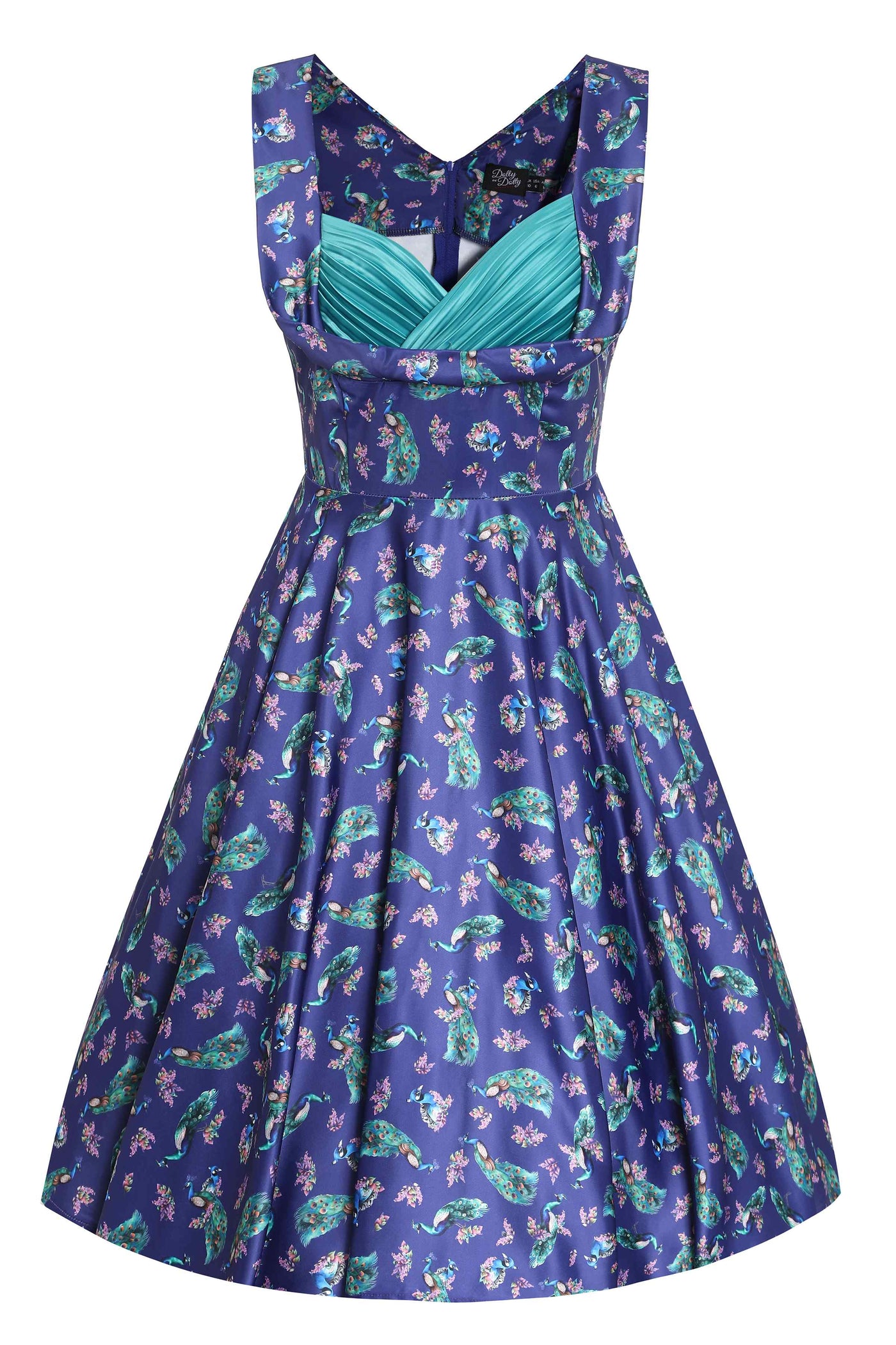 Front view of Peacock Print Pleated Bust Dress in Purple