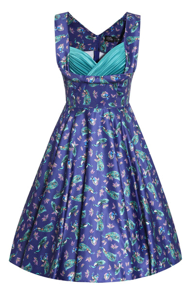 Front view of Peacock Print Pleated Bust Dress in Purple