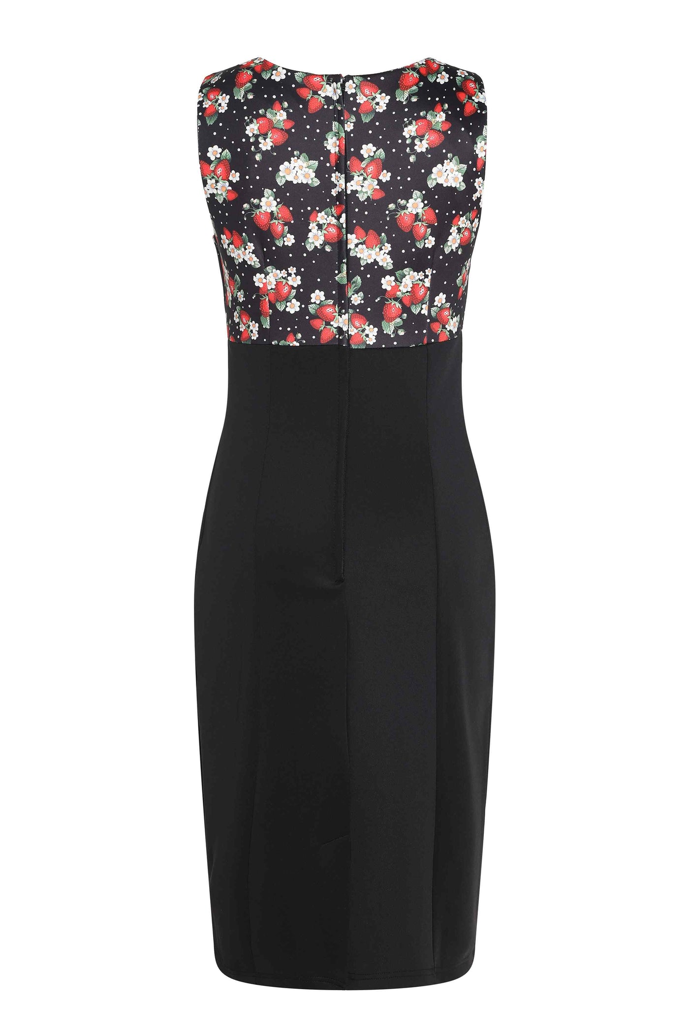 Back View of Pencil Dress In Strawberry Print in Black