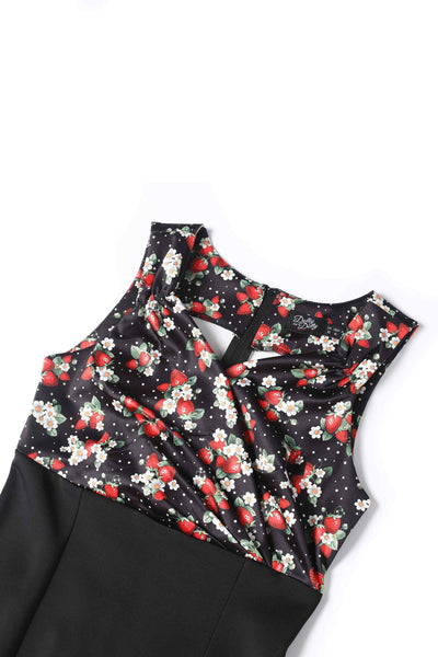 Close up View of Pencil Dress In Strawberry Print in Black