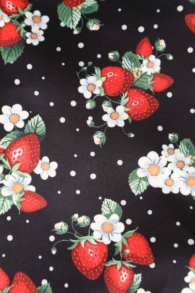 Close up View of Pencil Dress In Strawberry Print in Black