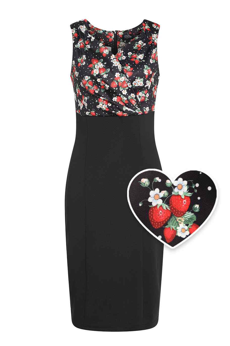 Front View of Pencil Dress In Strawberry Print in Black