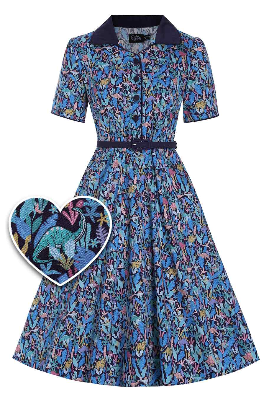 Front view of Dinosaur Shirt Dress in Navy Blue